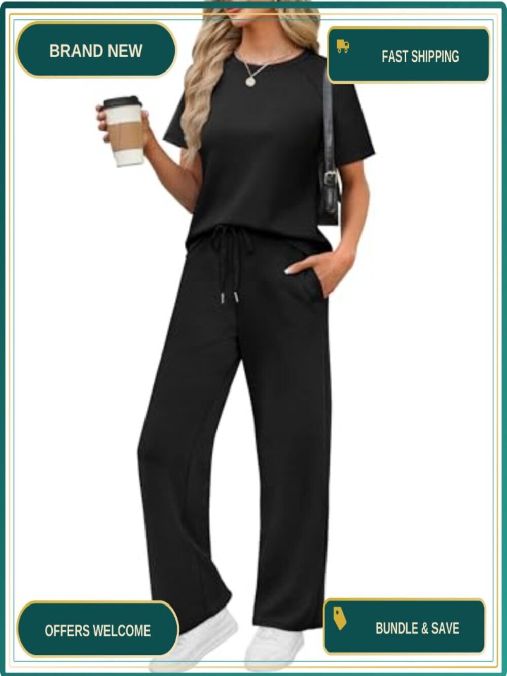 Women's 2 Piece Lounge Set Short Sleeve Wide Leg Pants Travel Outfit
